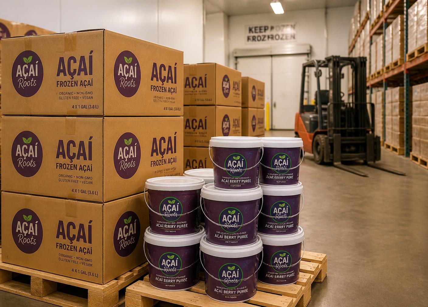 Caixas e baldes de açaí prontos para revenda em estoque organizado